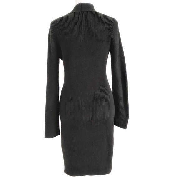 CALVIN KLEIN BLACK V-NECK FRONT CABLE KNITTED LONG SLEEVE MIDI DRESS - M - Picture 3 of 9